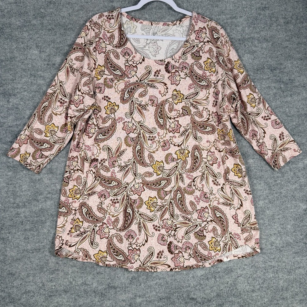 J Jill Size-XL/Tall Top Luxe Supima A Line Tunic Pink Yellow Paisley 3/4 Sleeve